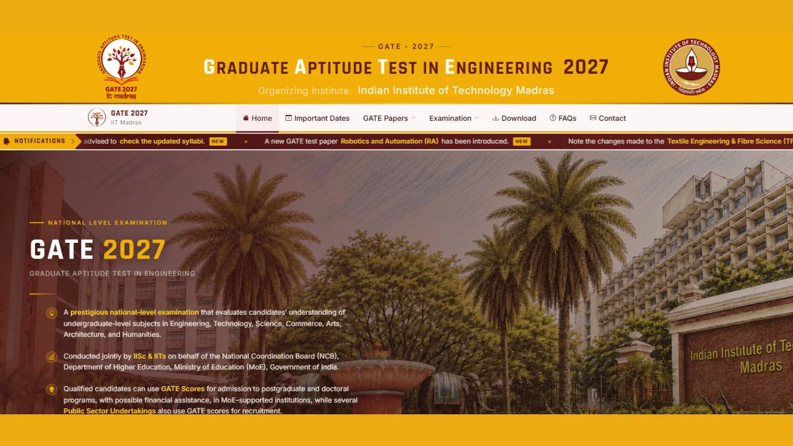 GATE 2027 Schedule Released: IIT Madras Announces Exam Dates, Introduces New Robotics Paper